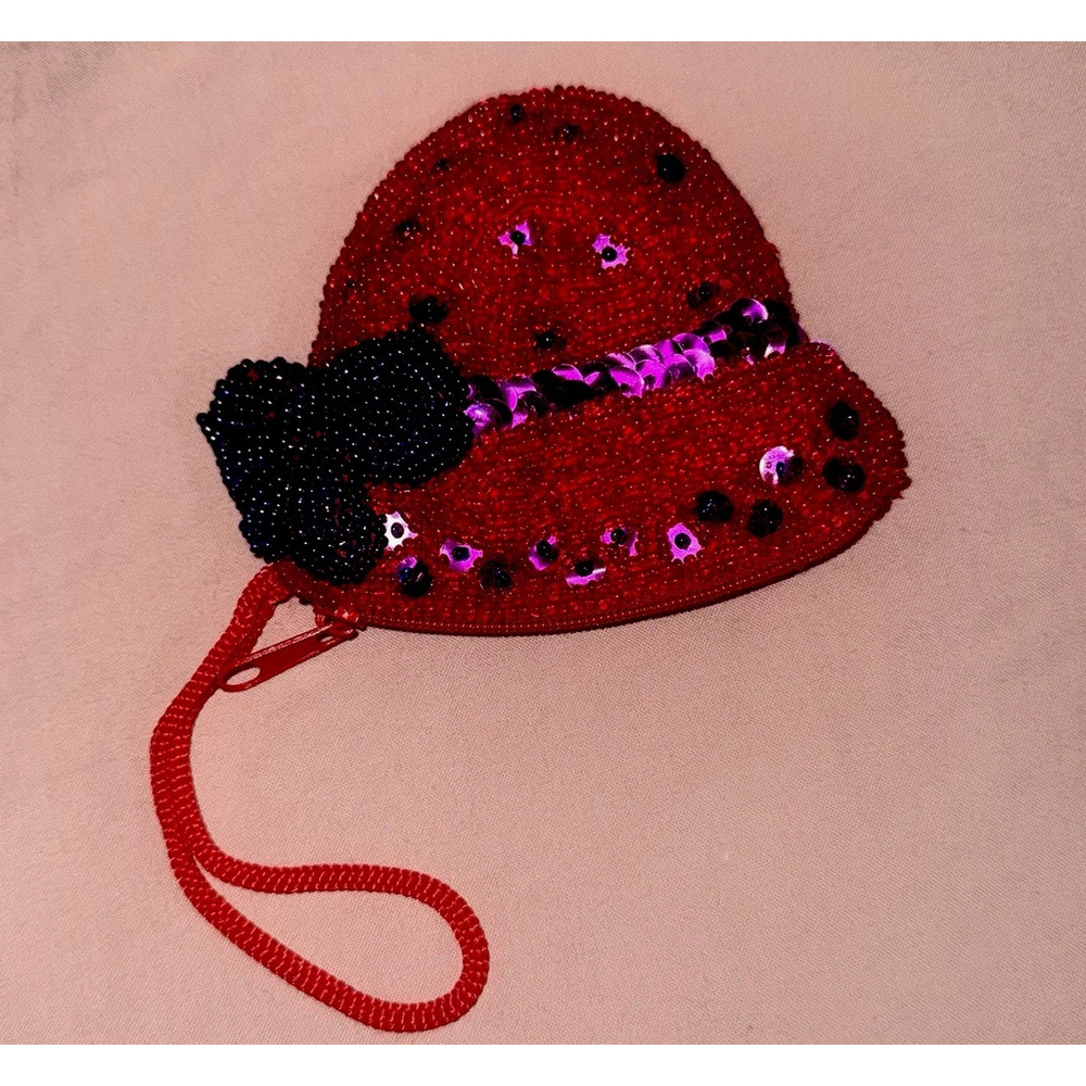 Red Hat Society Inspired Vintage Beaded Zipper Coin Purse - Picture 2 of 4